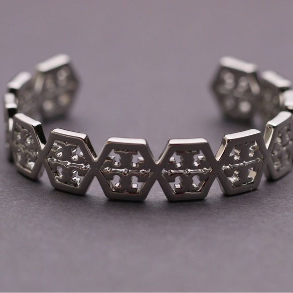 Tory Burch Silver Hexagon Logo Cuff Bracelet - Picture 3 of 4